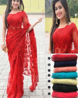 Embroidered Net Pearl Indian Saree
