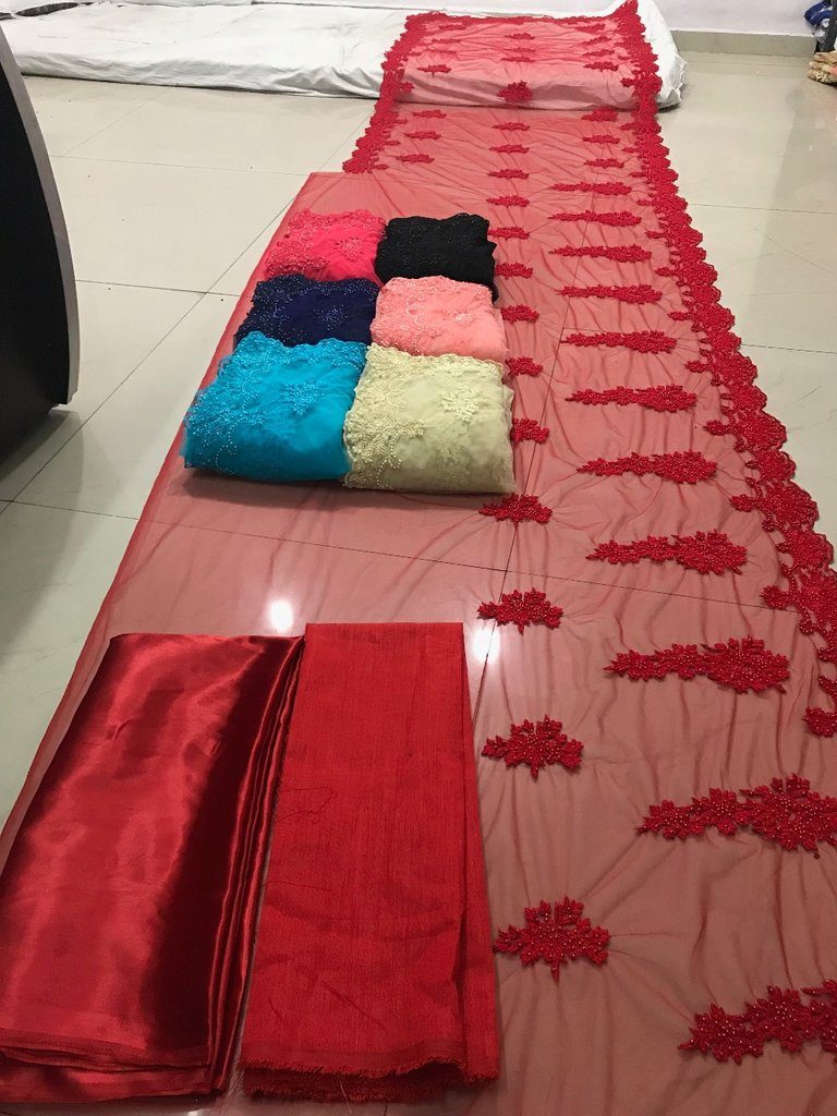 Embroidered Net Pearl Indian Saree