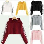 Checkered Sleeve Print Cropped Hoodies