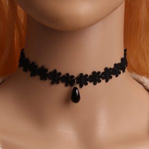 Floral Velvet Ribbon Gothic Choker Necklaces With Stone Charm