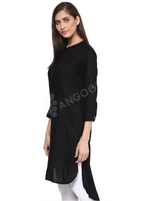 Angoor Jet Black Mandarin Collar Tunic with Cuffs and Golden Buttons