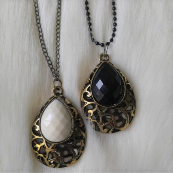 Gold Wrapped White & Black Ruby Drop Imitation Necklace Pair