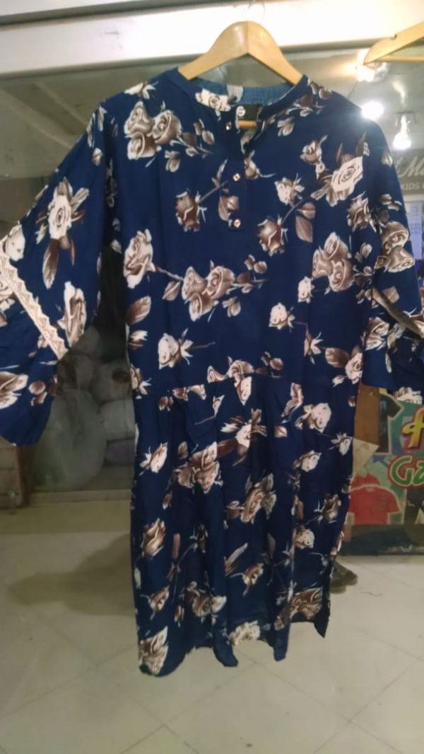 Navy Blue Boski Linen Flower Printed Frock Style Tunic