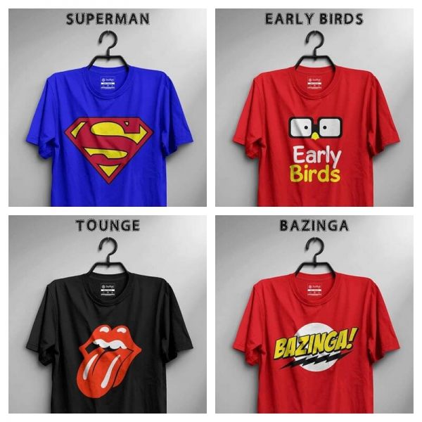 Pack Of 4 T-Shirt (Superman, Early Birds, Tongue & Bazinga) Pack Of 4 T-Shirt (Superman, Early Birds, Tongue & Bazinga)