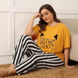 Gothic Printed T-shirts With Stripes Trouser Night Dress
