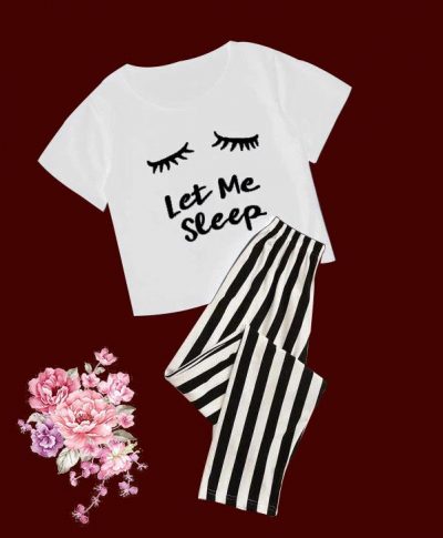 Let Me Sleep Printed T-shirts With Striped Trouser Night Dress