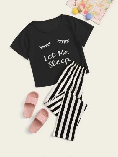 Let Me Sleep Printed T-shirts With Striped Trouser Night Dress