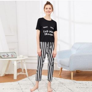 Let Me Sleep Printed T-shirts With Striped Trouser Night Dress