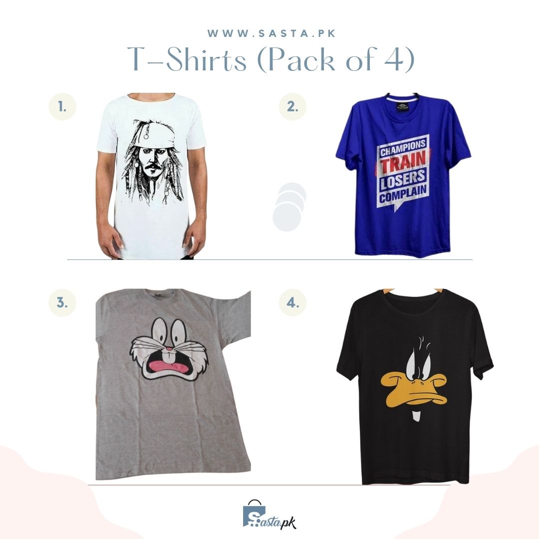 Pack Of 4 T-Shirts (jack sparrow, Champions Trains, Bugs Bunny, Daffy Duck)