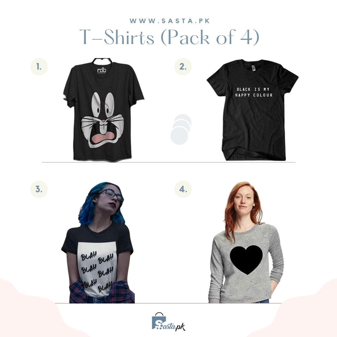 Pack Of 4 T-Shirts (Bugs Bunny, Blah Blah, Black Heart, Black Is My Happy Colour)