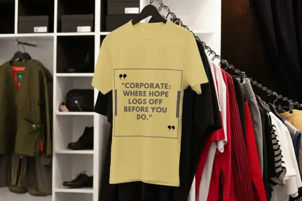 Corporate, where hope logs off before you do T-shirt beige