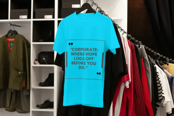 Corporate, where hope logs off before you do T-shirt blue