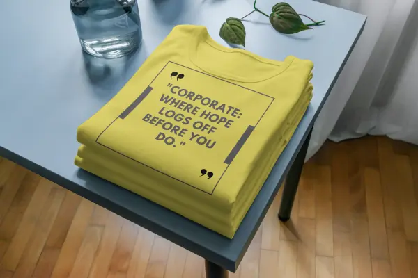 Corporate, where hope logs off before you do T-shirt mustard