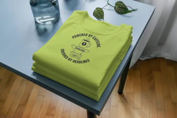 Powered by caffeine, crushed by deadlines T-shirt mustard