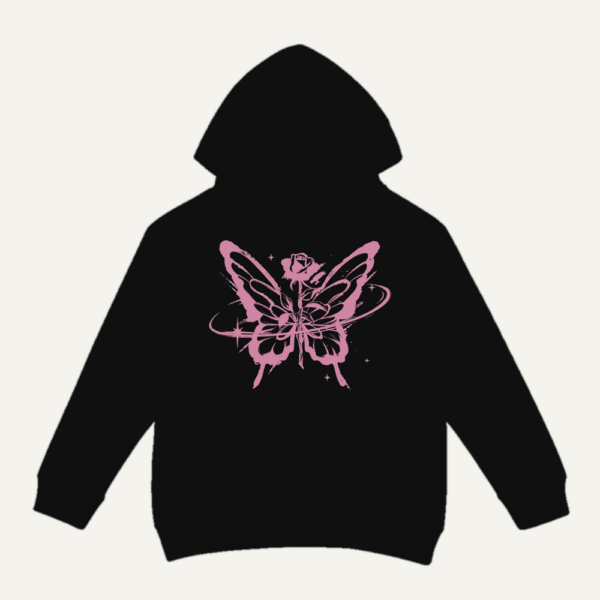 Pink Butterfly Rose Hoodie Black