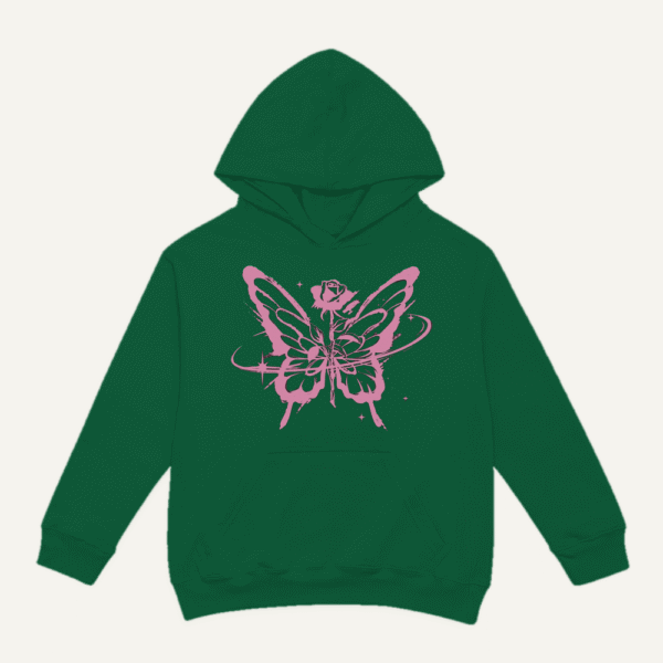 Pink Butterfly Rose Hoodie Bottle Green