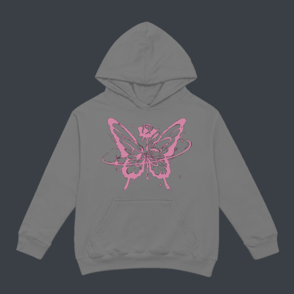 Pink Butterfly Rose Hoodie Grey