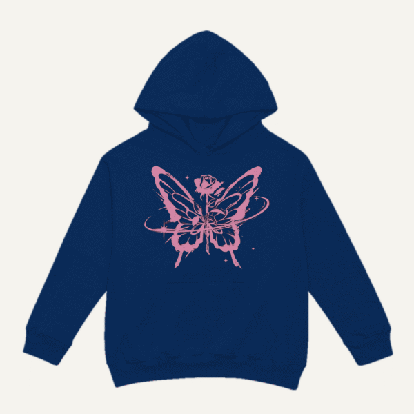 Pink Butterfly Rose Hoodie Navy Blue