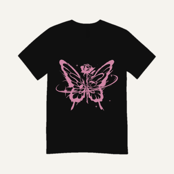 Pink Butterfly Rose T-shirt Black