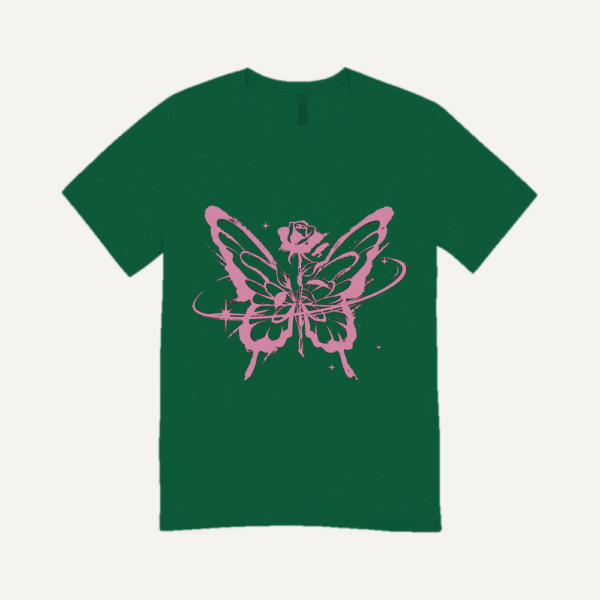 Pink Butterfly Rose T-shirt Bottle Green