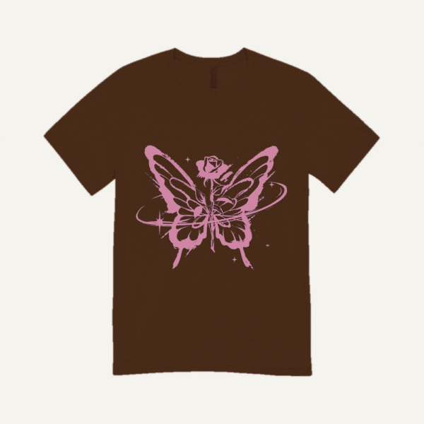 Pink Butterfly Rose T-shirt Chocolate Brown