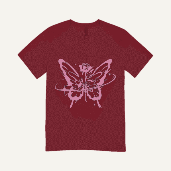 Pink Butterfly Rose T-shirt Maroon