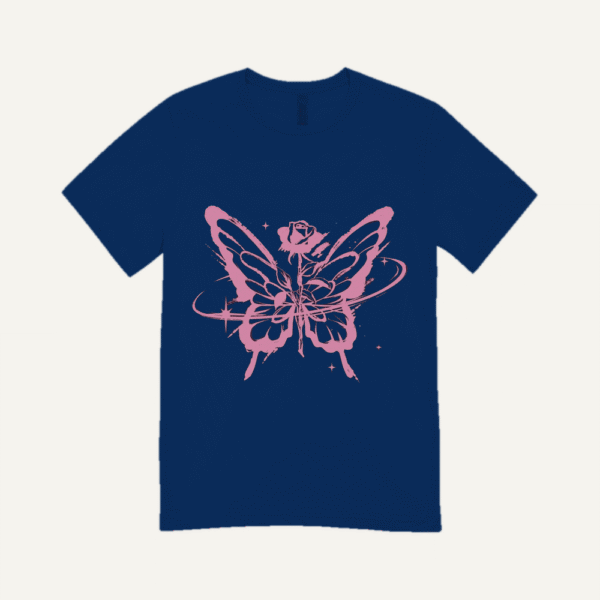 Pink Butterfly Rose T-shirt Navy Blue