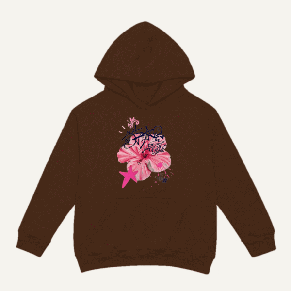 Pink Hibiscus Peace Hoodie Chocolate Brown