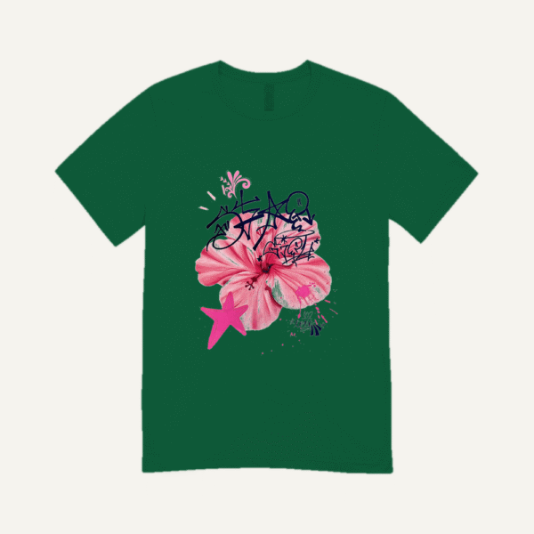 Pink Hibiscus Peace T-shirt Bottle Green
