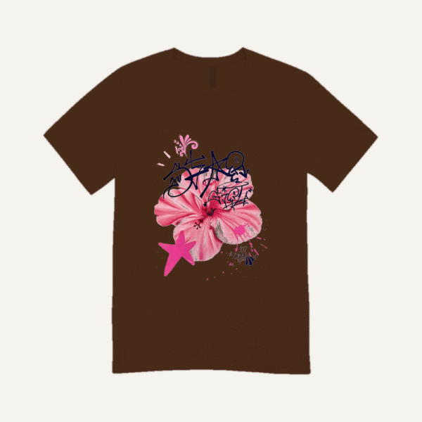Pink Hibiscus Peace T-shirt Chocolate Brown