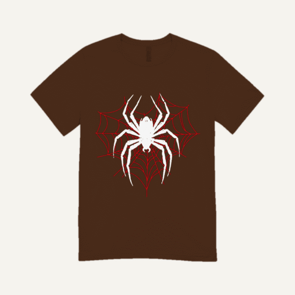 White Spider Red Web T-shirt Chocolate Brown